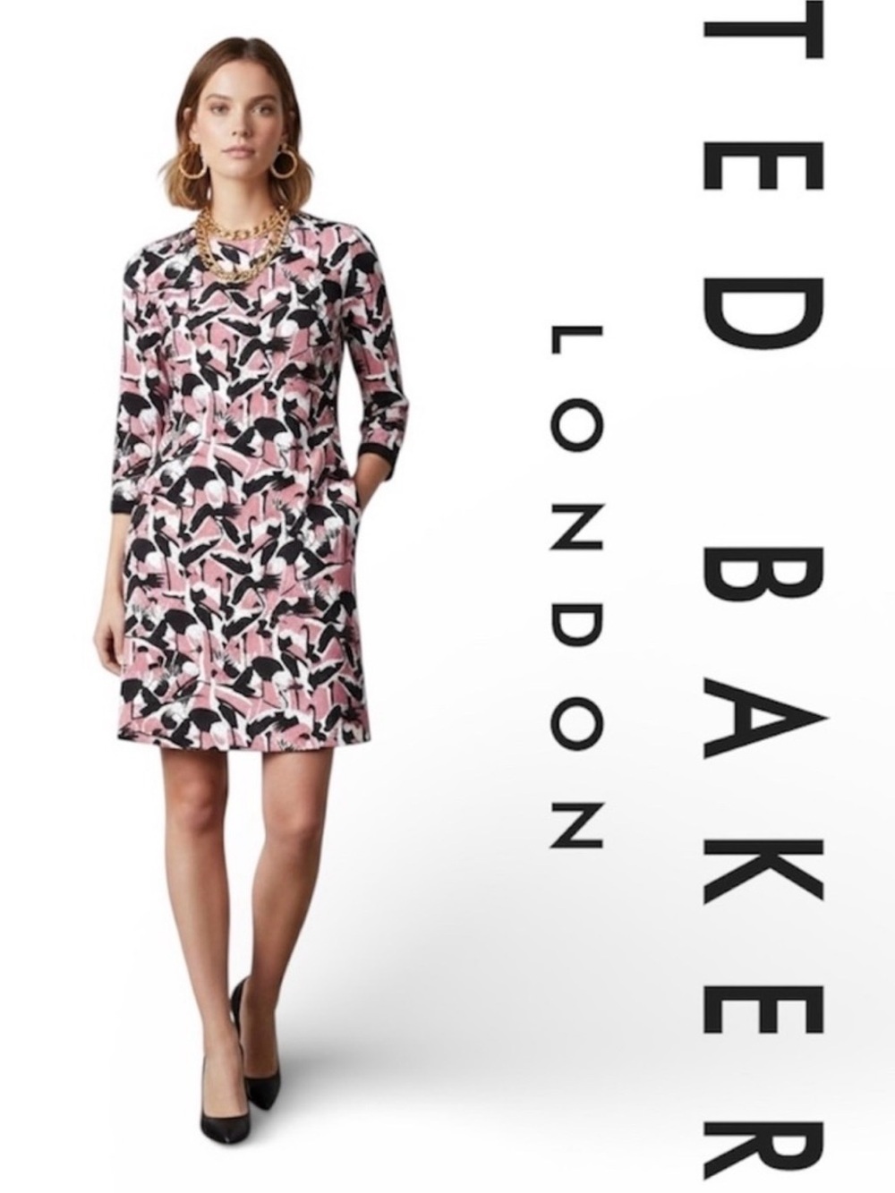 TED BAKER Colour by Numbers Queta Crane Print Dress Size 2 US Small/6
